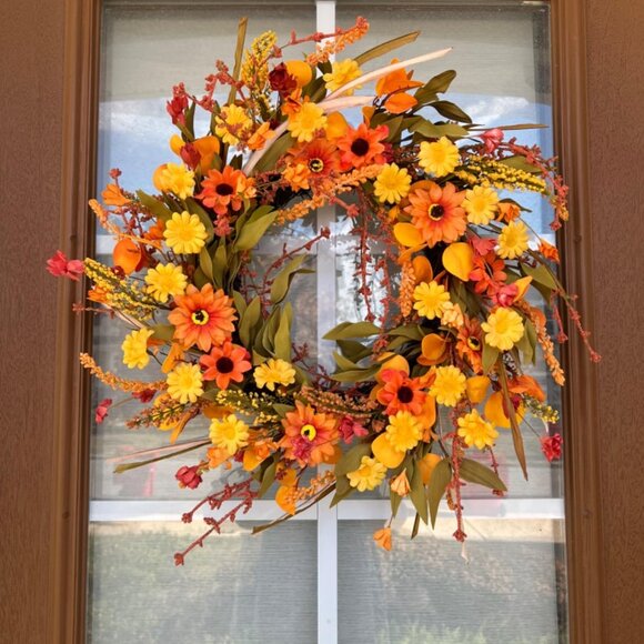 22" Fall‎ Autumn Wreaths for Front Door Orange Daisy Wreath with Grain Ears - Picture 1 of 12
